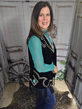 Load image into Gallery viewer, Black Fringe Studded Vest with Turq Stone Concho - Jeans Jewels and Jesus Boutique