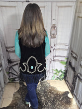 Load image into Gallery viewer, Black Fringe Studded Vest with Turq Stone Concho - Jeans Jewels and Jesus Boutique