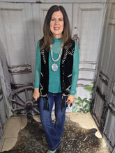 Load image into Gallery viewer, Black Fringe Studded Vest with Turq Stone Concho - Jeans Jewels and Jesus Boutique