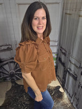 Load image into Gallery viewer, Button Up Top With Ruffled Sleeve-Copper - Jeans Jewels and Jesus Boutique