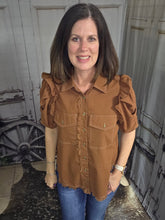Load image into Gallery viewer, Button Up Top With Ruffled Sleeve-Copper - Jeans Jewels and Jesus Boutique
