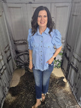Load image into Gallery viewer, Button Up Top With Ruffled Sleeve-Light Denim - Jeans Jewels and Jesus Boutique