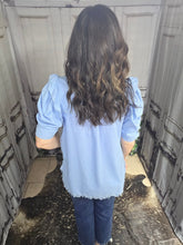 Load image into Gallery viewer, Button Up Top With Ruffled Sleeve-Light Denim - Jeans Jewels and Jesus Boutique