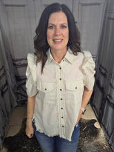 Load image into Gallery viewer, Button Up Top With Ruffled Sleeve-Oatmeal - Jeans Jewels and Jesus Boutique