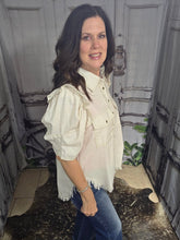 Load image into Gallery viewer, Button Up Top With Ruffled Sleeve-Oatmeal - Jeans Jewels and Jesus Boutique