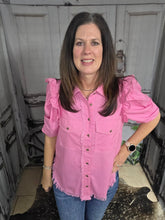 Load image into Gallery viewer, Button Up Top With Ruffled Sleeve-Pink - Jeans Jewels and Jesus Boutique