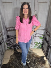 Load image into Gallery viewer, Button Up Top With Ruffled Sleeve-Pink - Jeans Jewels and Jesus Boutique