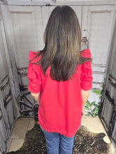 Load image into Gallery viewer, Button Up Top With Ruffled Sleeve-Red - Jeans Jewels and Jesus Boutique