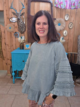 Load image into Gallery viewer, Dusty Blue Mineral Washed Top With Ruffles - Jeans Jewels and Jesus Boutique