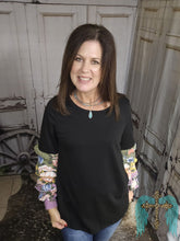 Load image into Gallery viewer, French Terry Knit Top With Floral Ruffled Sleeve