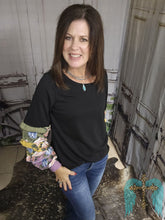 Load image into Gallery viewer, French Terry Knit Top With Floral Ruffled Sleeve