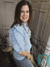 Load image into Gallery viewer, Knit Double Ruffle Short Sleeve Top-Light Blue