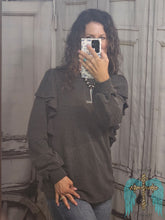 Load image into Gallery viewer, Long Ruffled Sleeve Urban Ribbed Top-Charcoal - Jeans Jewels and Jesus Boutique