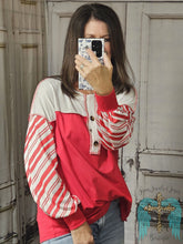 Load image into Gallery viewer, Red and White Striped Sleeve Top - Jeans Jewels and Jesus Boutique