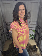 Load image into Gallery viewer, Gingham And Ruffled Sleeve V Neck Top