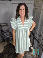 Load image into Gallery viewer, Green Striped V-Neck Dress With Ruffled Sleeve