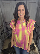 Load image into Gallery viewer, Gingham And Ruffled Sleeve V Neck Top