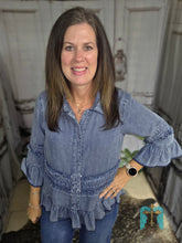 Load image into Gallery viewer, Chambray Denim Shirt With Ruffles