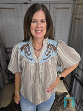 Load image into Gallery viewer, THML Embroidered Gingham Puff Sleeve Top-Brown