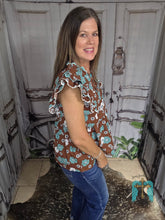 Load image into Gallery viewer, Brown And Turquoise Floral Top With Ruffled Sleeve