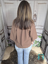 Load image into Gallery viewer, Split V-Neck Top With Balloon Sleeve-Chocolate Brown