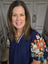 Load image into Gallery viewer, THML Navy Blue Embroidered Puff Sleeve Top