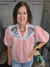 Load image into Gallery viewer, THML Embroidered Gingham Puff Sleeve Top-Red