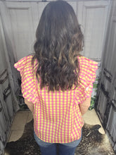 Load image into Gallery viewer, Gingham And Ruffled Sleeve V Neck Top