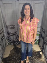 Load image into Gallery viewer, Gingham And Ruffled Sleeve V Neck Top