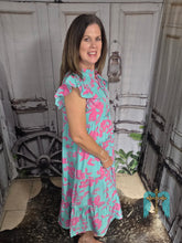Load image into Gallery viewer, Turquoise and Pink Floral Maxi Dress