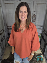 Load image into Gallery viewer, Split V-Neck Top With Balloon Sleeve-Rust