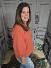 Load image into Gallery viewer, Split V-Neck Top With Balloon Sleeve-Rust