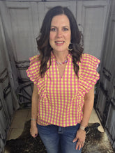Load image into Gallery viewer, Gingham And Ruffled Sleeve V Neck Top