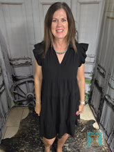 Load image into Gallery viewer, Black V-Neck Dress with Ruffled Sleeve