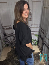 Load image into Gallery viewer, Solid Short Ruffle Sleeve Hi Low Top-Black - Jeans Jewels and Jesus Boutique