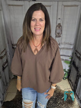 Load image into Gallery viewer, Split V-Neck Top With Balloon Sleeve-Chocolate Brown - Jeans Jewels and Jesus Boutique