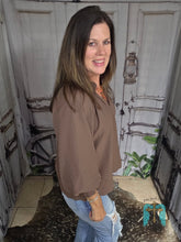 Load image into Gallery viewer, Split V-Neck Top With Balloon Sleeve-Chocolate Brown - Jeans Jewels and Jesus Boutique