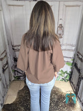 Load image into Gallery viewer, Split V-Neck Top With Balloon Sleeve-Chocolate Brown - Jeans Jewels and Jesus Boutique
