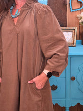 Load image into Gallery viewer, Umgee Brown Corduroy Ruffle Neck Dress - Jeans Jewels and Jesus Boutique