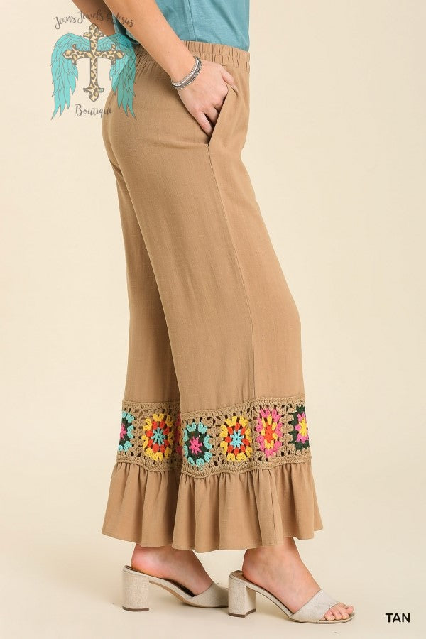 Biege Embroidered Womens Wide Leg Pant, Brown