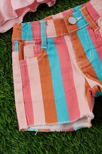 Girls Set "Summer Vibes" Tee with Stripe Denim Shorts