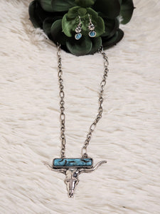 Turquoise Western Steer Skull Stone Bar Pendant Necklace Set