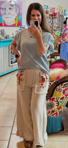 Wide Leg Linen Pants With Embroidered Pockets