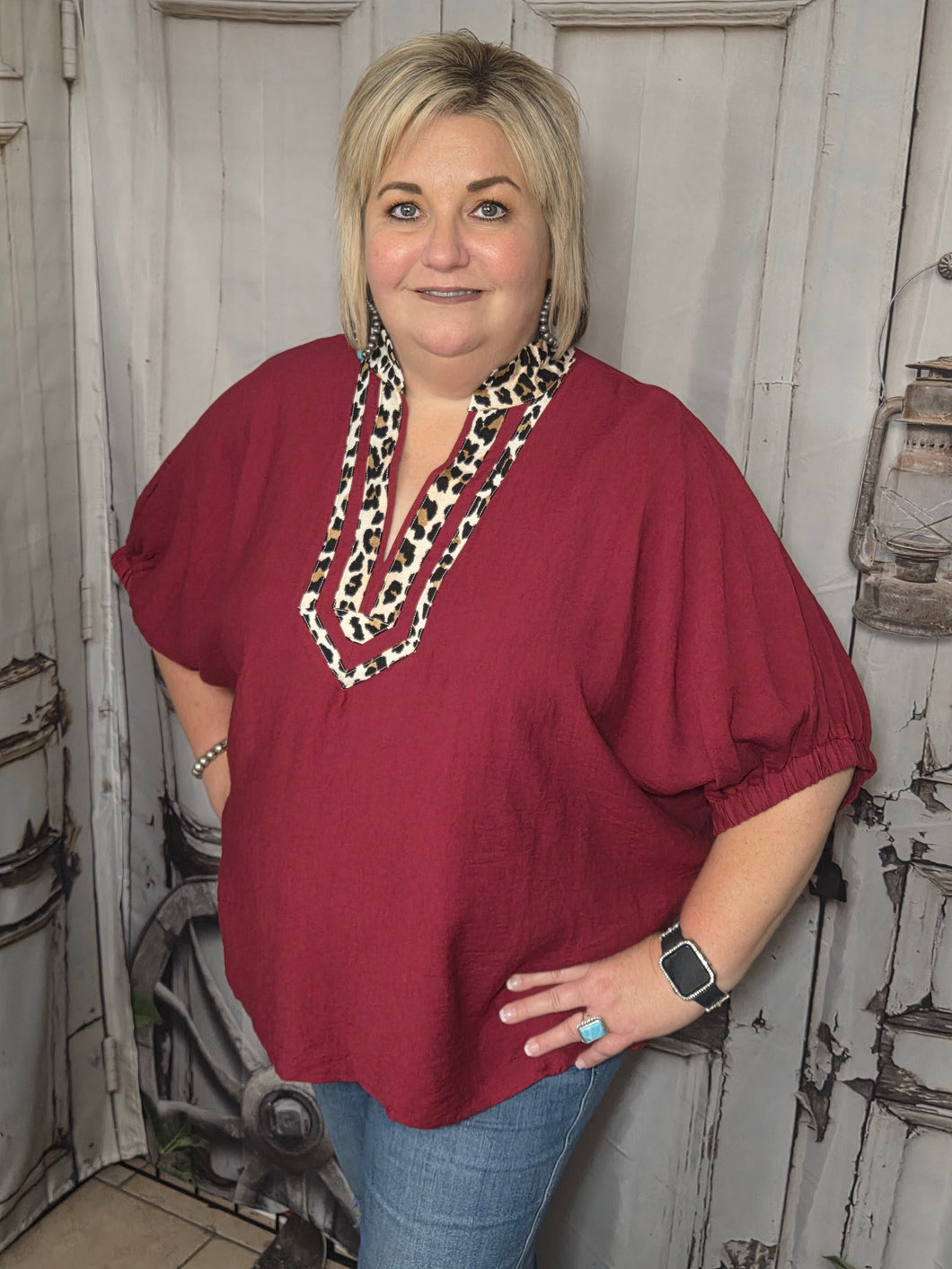 Plus Dolman Sleeve V-Neck Top With Leopard Trim-Burgundy