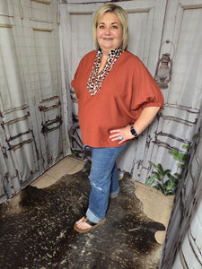 Plus Dolman Sleeve V-Neck Top With Leopard Trim-Rust