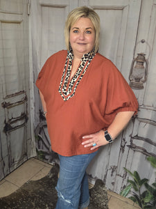 Plus Dolman Sleeve V-Neck Top With Leopard Trim-Rust