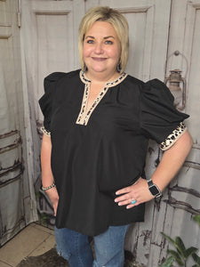 Plus Black V-Neck Blouse With Leopard Trim
