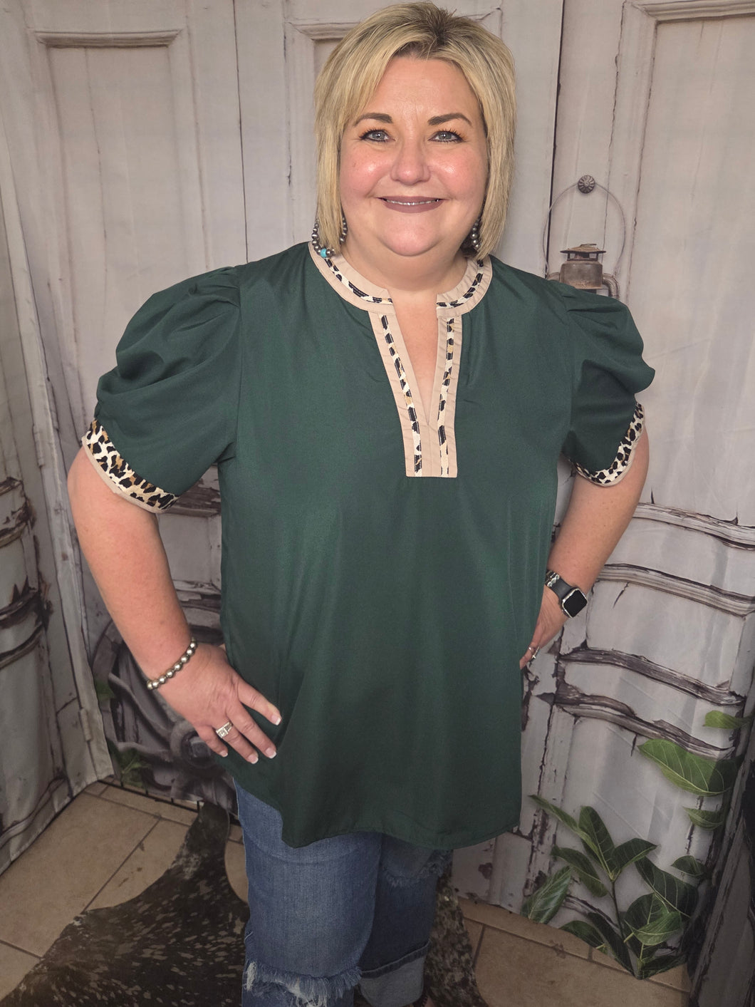 Plus Hunter Green V-Neck Blouse With Leopard Trim