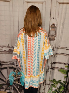 Front Tie Bell Sleeve Multi-Color Cardigan
