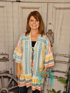 Front Tie Bell Sleeve Multi-Color Cardigan